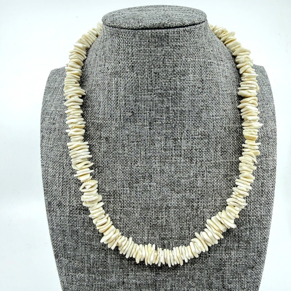 Natural Puka Shell Chip Long Necklace Berall Clasp Coastal Beach Bohemian Gift